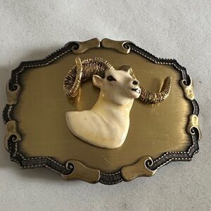 Vintage Gold and Cream Ram Belt Buckle Made In USA